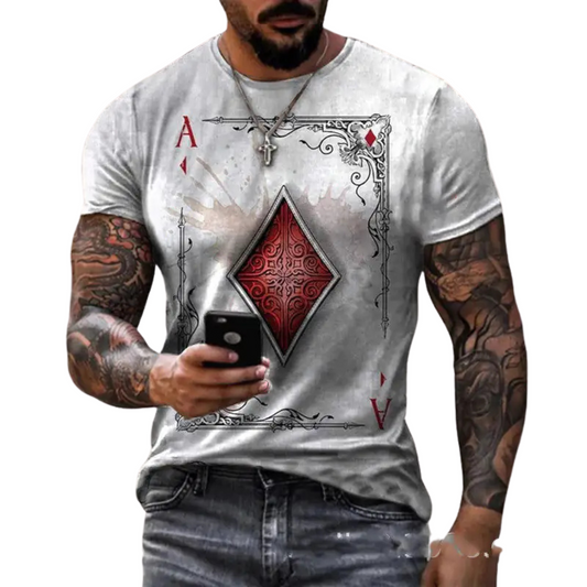 Men's Maverick Ace of Diamonds Short Sleeve T-Shirt in black, white, or khaki featuring a bold Ace of Diamonds playing card graphic on the front.
