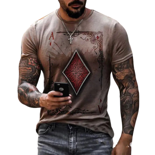 Men's Maverick Ace of Diamonds Short Sleeve T-Shirt in black, white, or khaki featuring a bold Ace of Diamonds playing card graphic on the front.