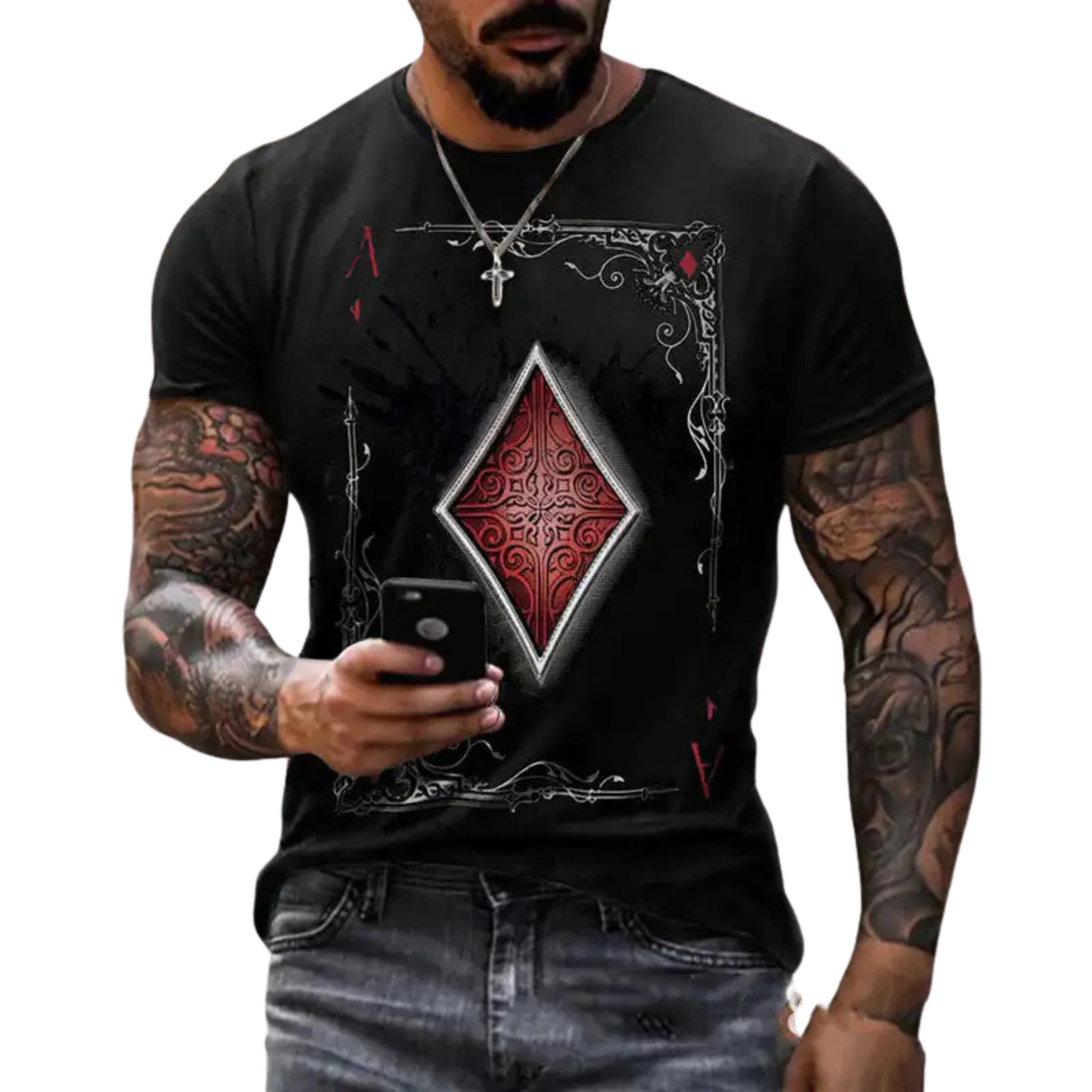 Men's Maverick Ace of Diamonds Short Sleeve T-Shirt in black, white, or khaki featuring a bold Ace of Diamonds playing card graphic on the front.