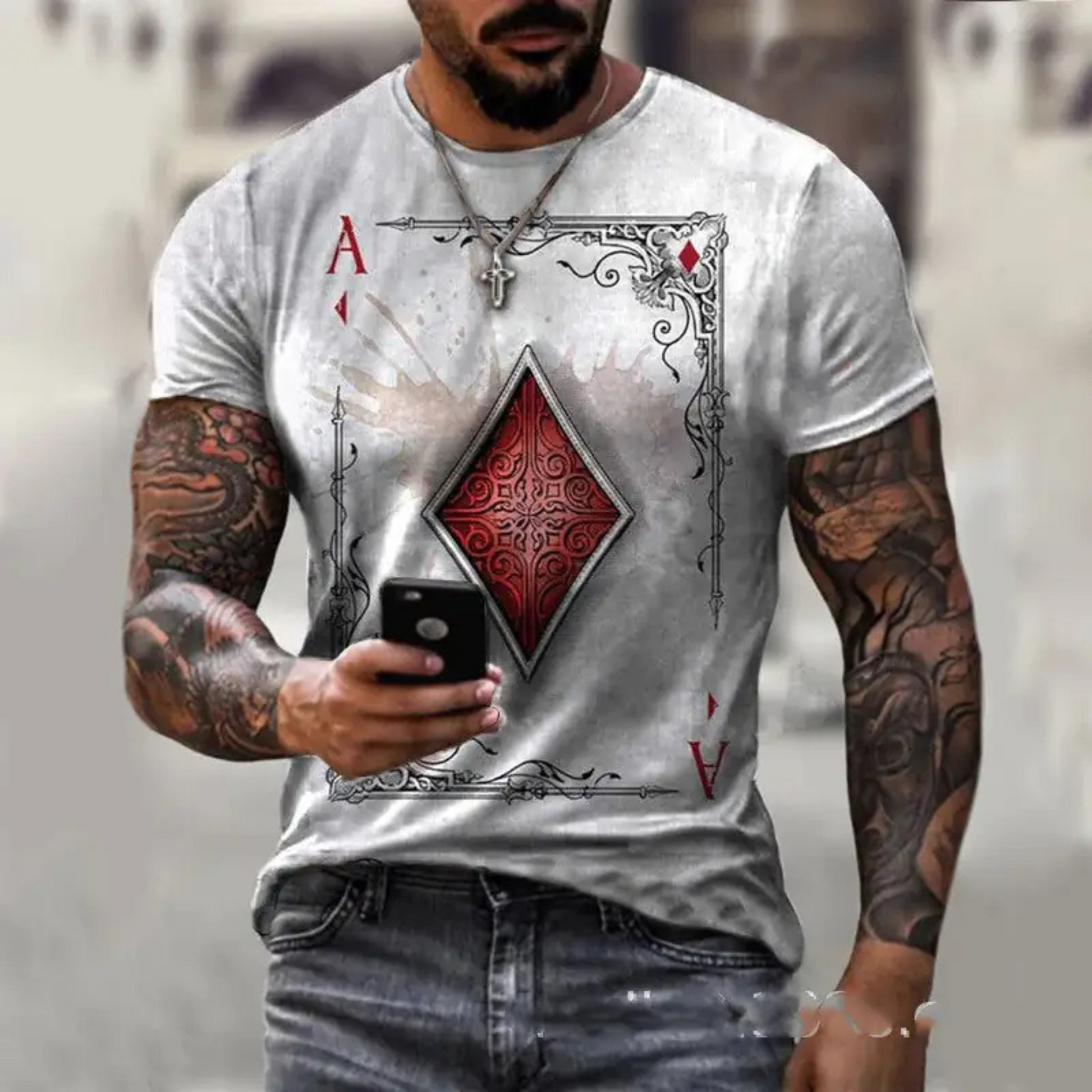 Men's Maverick Ace of Diamonds Short Sleeve T-Shirt in black, white, or khaki featuring a bold Ace of Diamonds playing card graphic on the front.