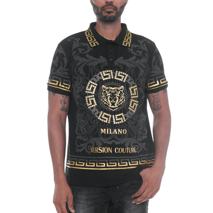 Men's Milano Version Couture Embroidered Polo Shirt in black, featuring an embroidered tiger on the chest, button-up flat knit collar, and intricate embroidery on the front, back, and sleeves.