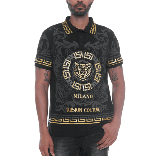 Men's Milano Version Couture Embroidered Polo Shirt in black, featuring an embroidered tiger on the chest, button-up flat knit collar, and intricate embroidery on the front, back, and sleeves.