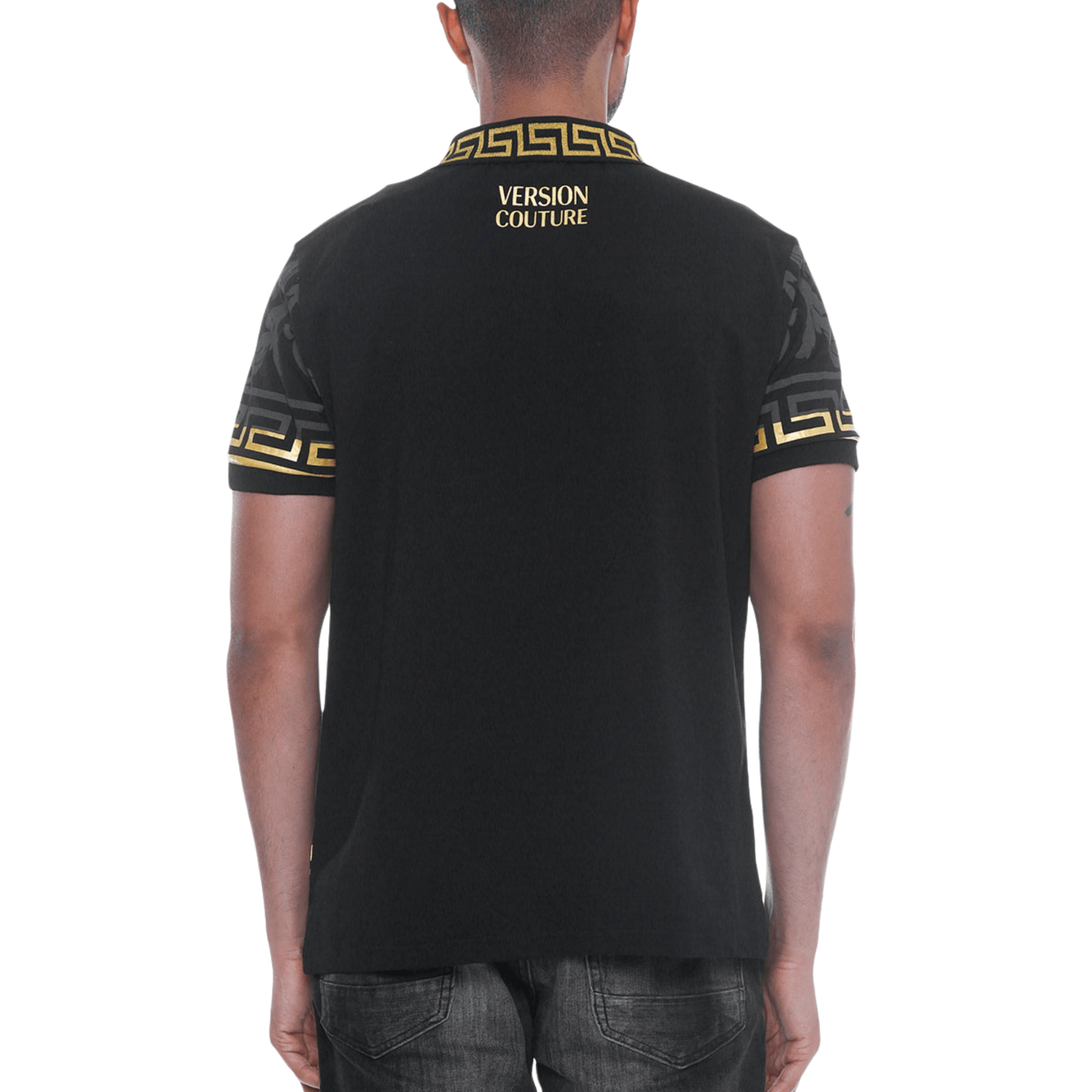 Men's Milano Version Couture Embroidered Polo Shirt in black, featuring an embroidered tiger on the chest, button-up flat knit collar, and intricate embroidery on the front, back, and sleeves.