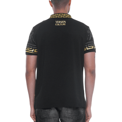 Men's Milano Version Couture Embroidered Polo Shirt in black, featuring an embroidered tiger on the chest, button-up flat knit collar, and intricate embroidery on the front, back, and sleeves.