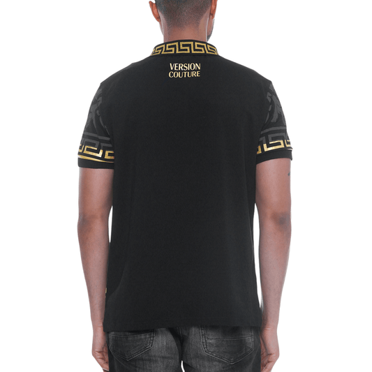 Men's Milano Version Couture Embroidered Polo Shirt in black, featuring an embroidered tiger on the chest, button-up flat knit collar, and intricate embroidery on the front, back, and sleeves.