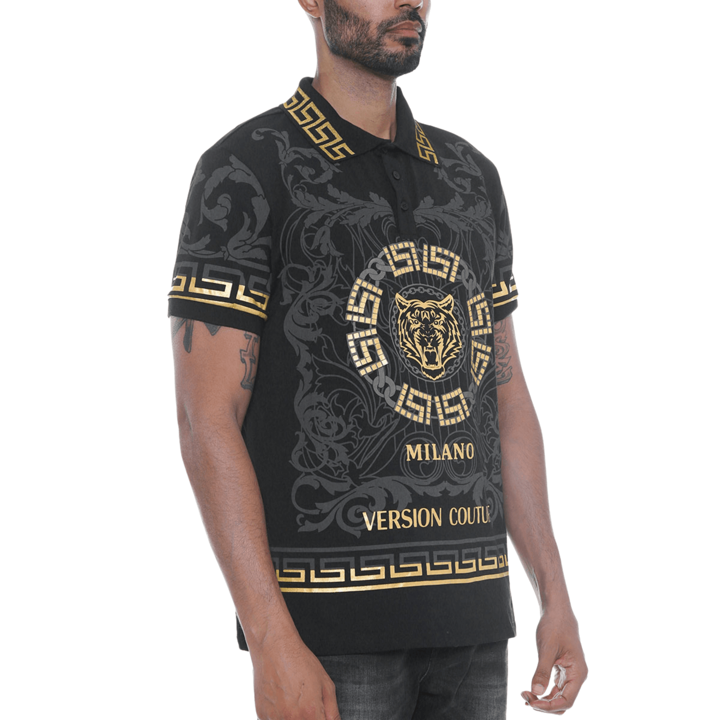 Men's Milano Version Couture Embroidered Polo Shirt in black, featuring an embroidered tiger on the chest, button-up flat knit collar, and intricate embroidery on the front, back, and sleeves.