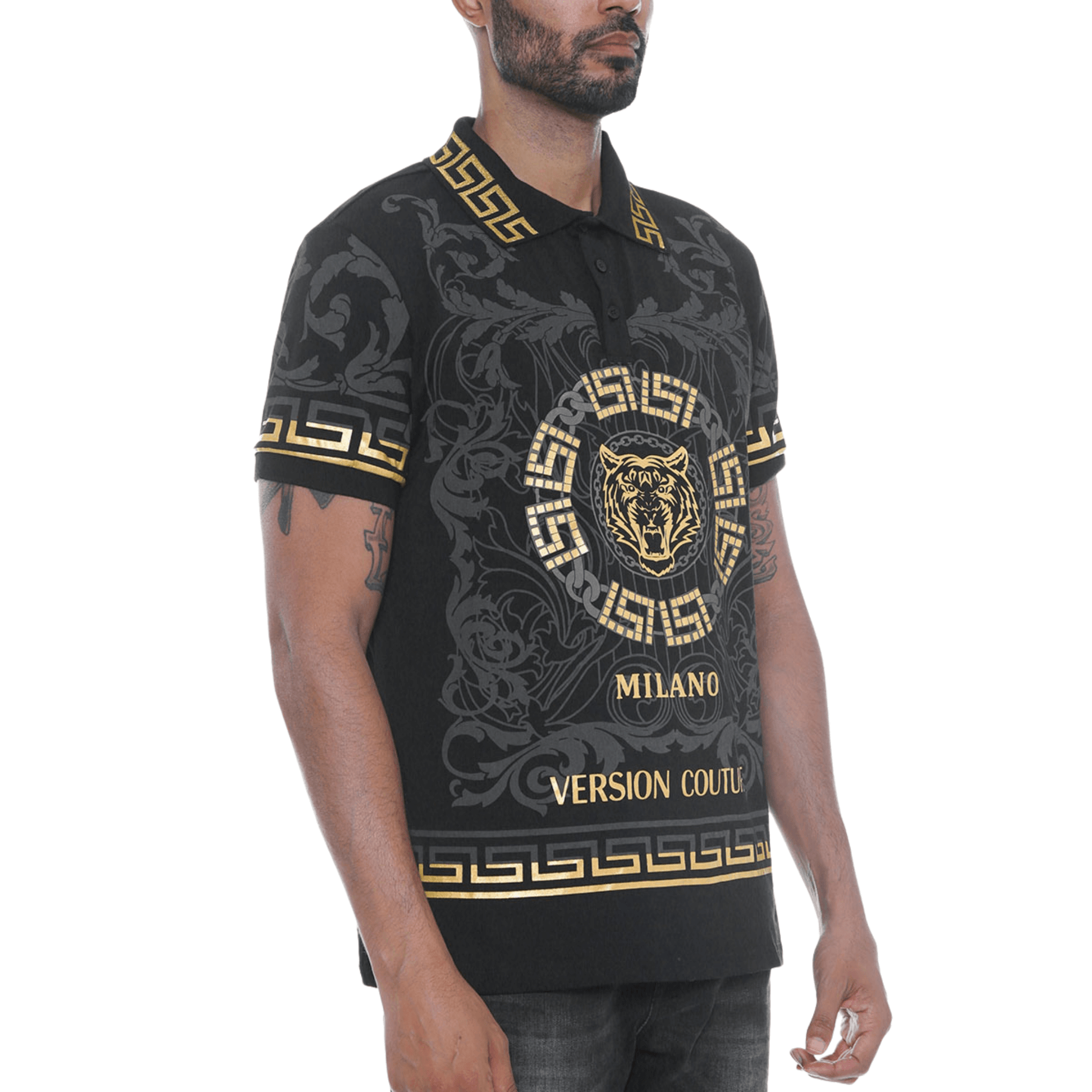 Men's Milano Version Couture Embroidered Polo Shirt in black, featuring an embroidered tiger on the chest, button-up flat knit collar, and intricate embroidery on the front, back, and sleeves.