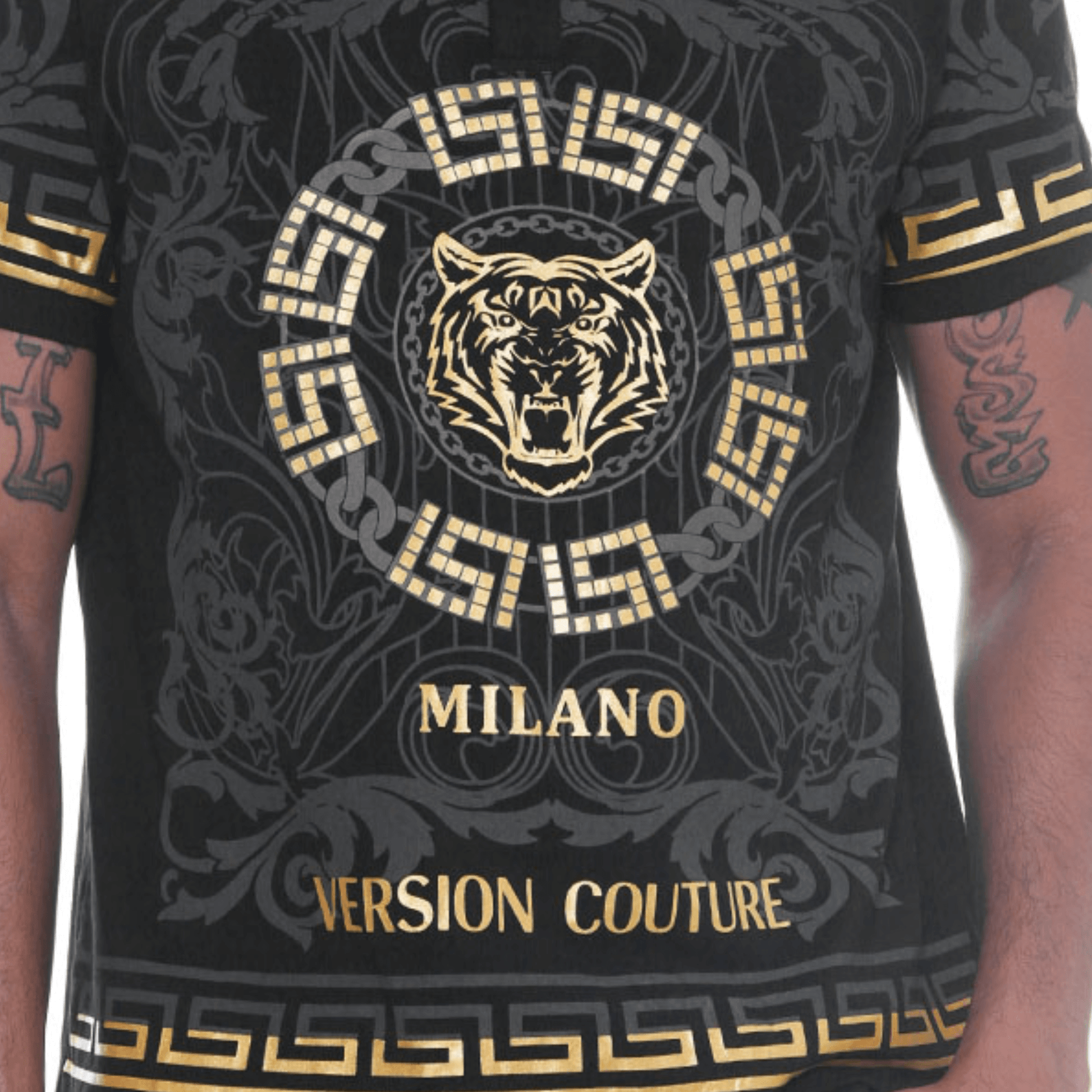Men's Milano Version Couture Embroidered Polo Shirt in black, featuring an embroidered tiger on the chest, button-up flat knit collar, and intricate embroidery on the front, back, and sleeves.
