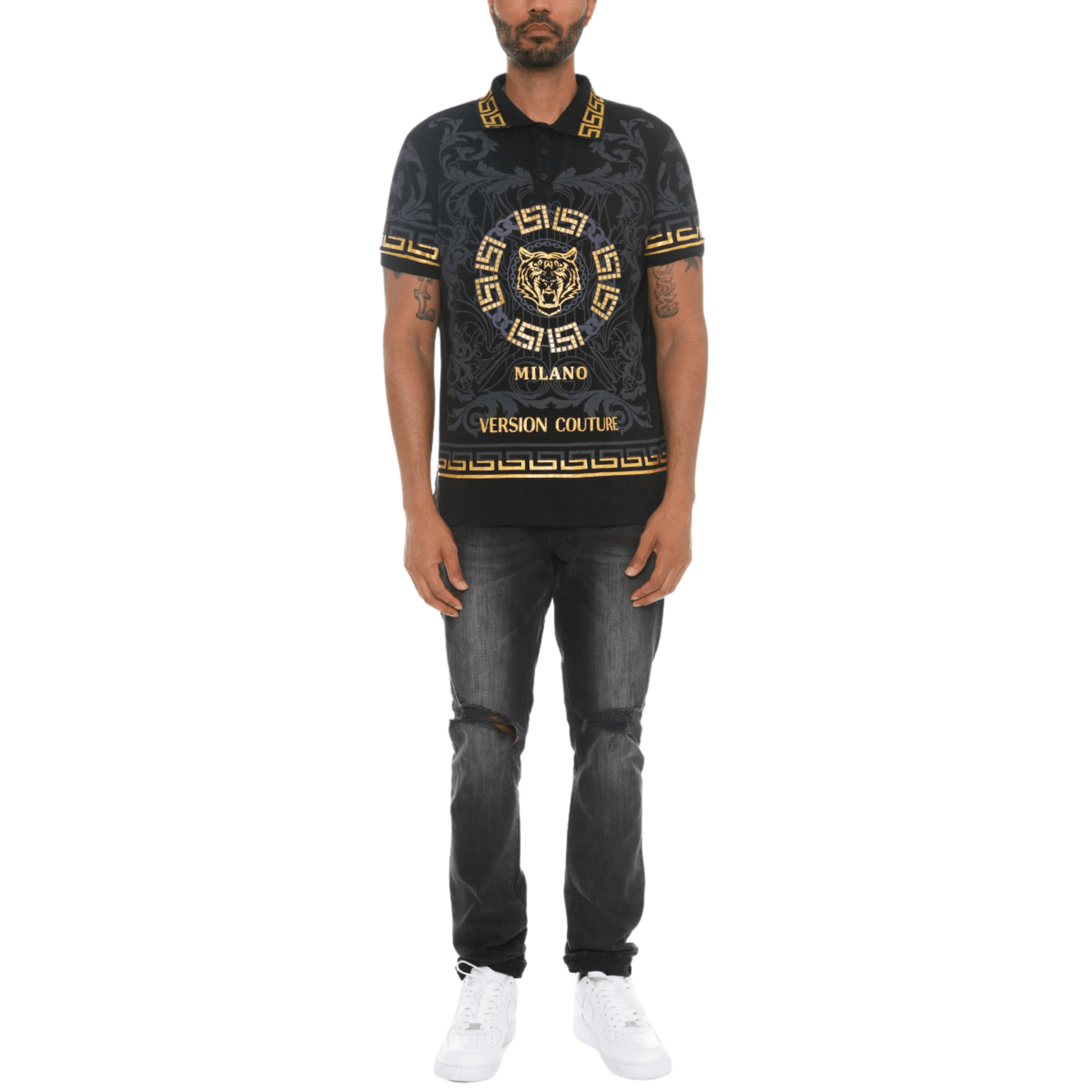 Men's Milano Version Couture Embroidered Polo Shirt in black, featuring an embroidered tiger on the chest, button-up flat knit collar, and intricate embroidery on the front, back, and sleeves.