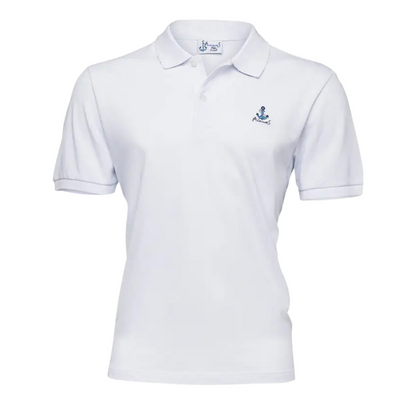 Men's Nautical Cotton Polo Shirt in All White with a blue anchor graphic on the chest, sailboat inner collar, and embroidered Anemoss logo.