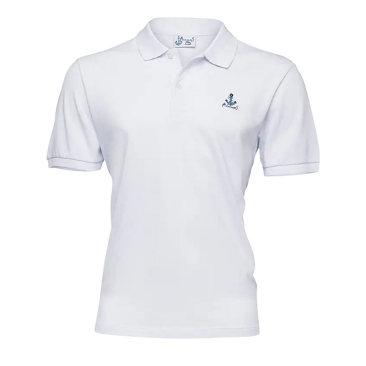 Men's Nautical Cotton Polo Shirt in All White with a blue anchor graphic on the chest, sailboat inner collar, and embroidered Anemoss logo.