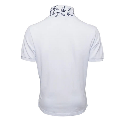 Men's Nautical Cotton Polo Shirt in All White with a blue anchor graphic on the chest, sailboat inner collar, and embroidered Anemoss logo.