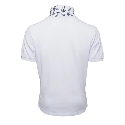 Men's Nautical Cotton Polo Shirt in All White with a blue anchor graphic on the chest, sailboat inner collar, and embroidered Anemoss logo.