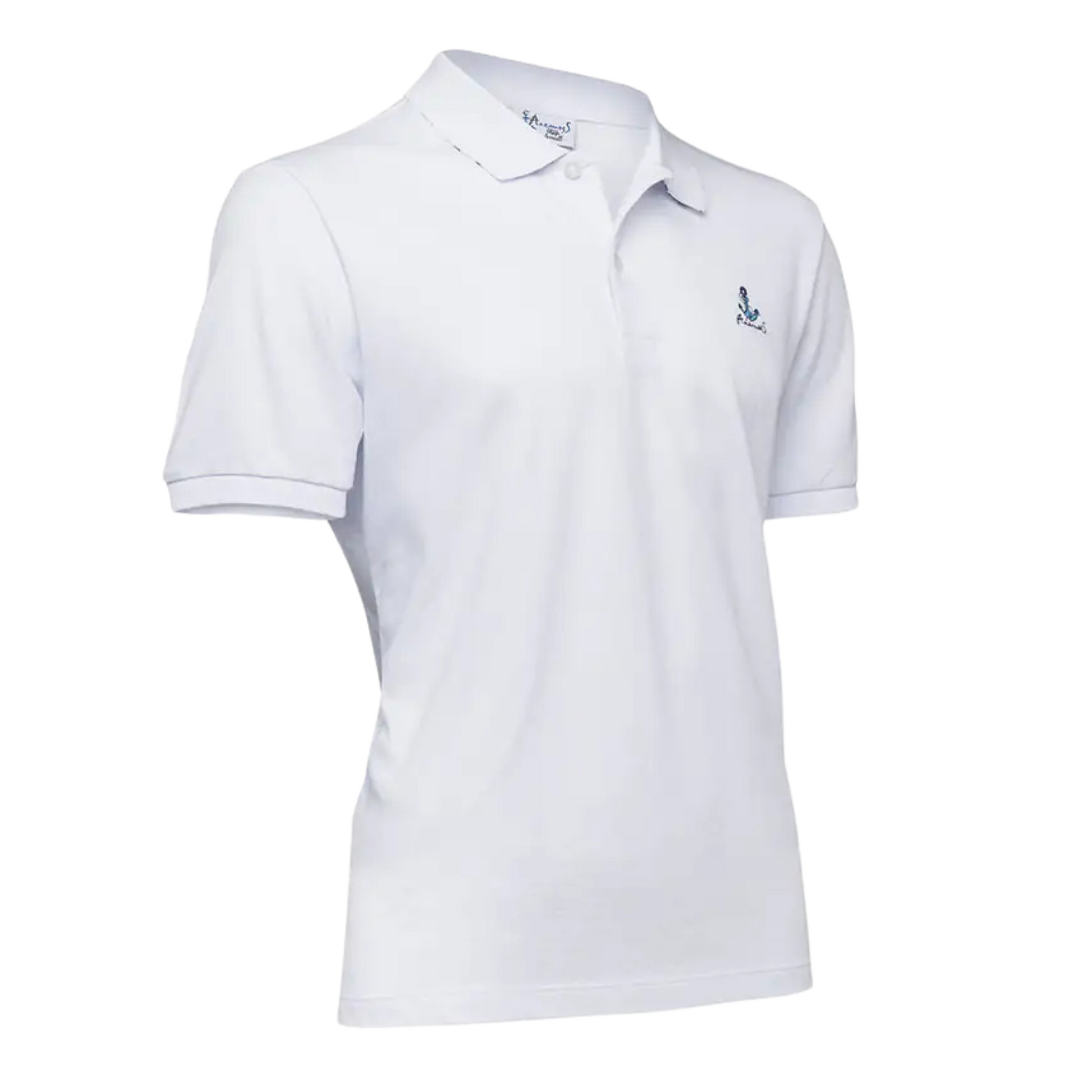 Men's Nautical Cotton Polo Shirt in All White with a blue anchor graphic on the chest, sailboat inner collar, and embroidered Anemoss logo.