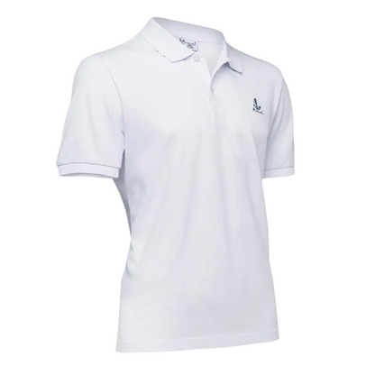 Men's Nautical Cotton Polo Shirt in All White with a blue anchor graphic on the chest, sailboat inner collar, and embroidered Anemoss logo.