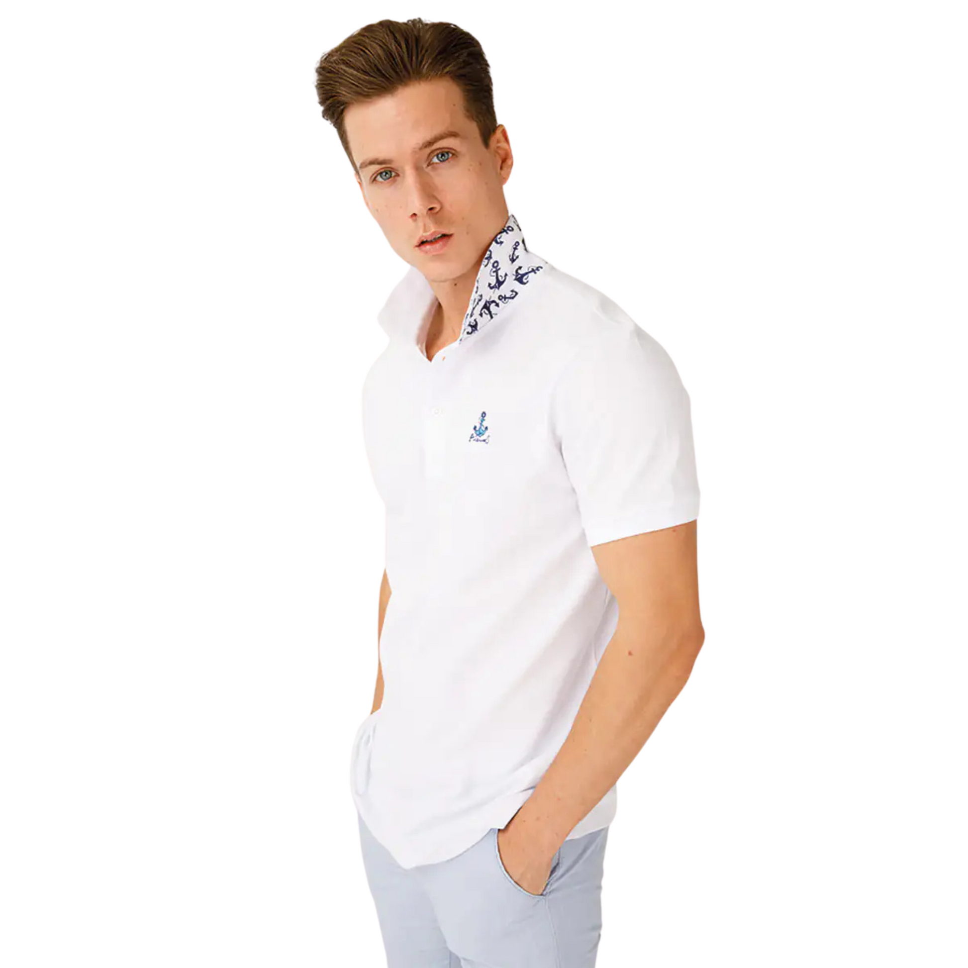Men's Nautical Cotton Polo Shirt in All White with a blue anchor graphic on the chest, sailboat inner collar, and embroidered Anemoss logo.