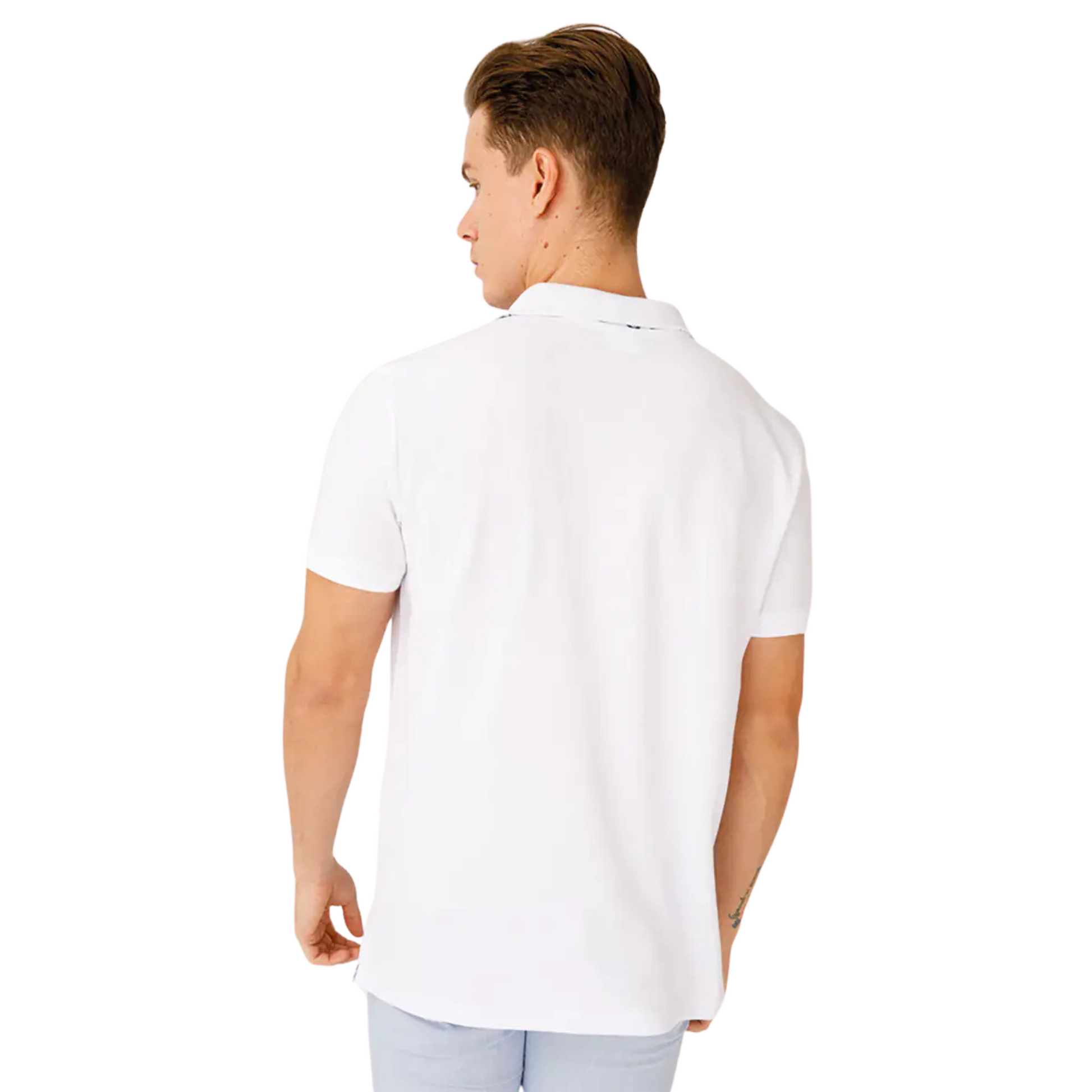 Men's Nautical Cotton Polo Shirt in All White with a blue anchor graphic on the chest, sailboat inner collar, and embroidered Anemoss logo.