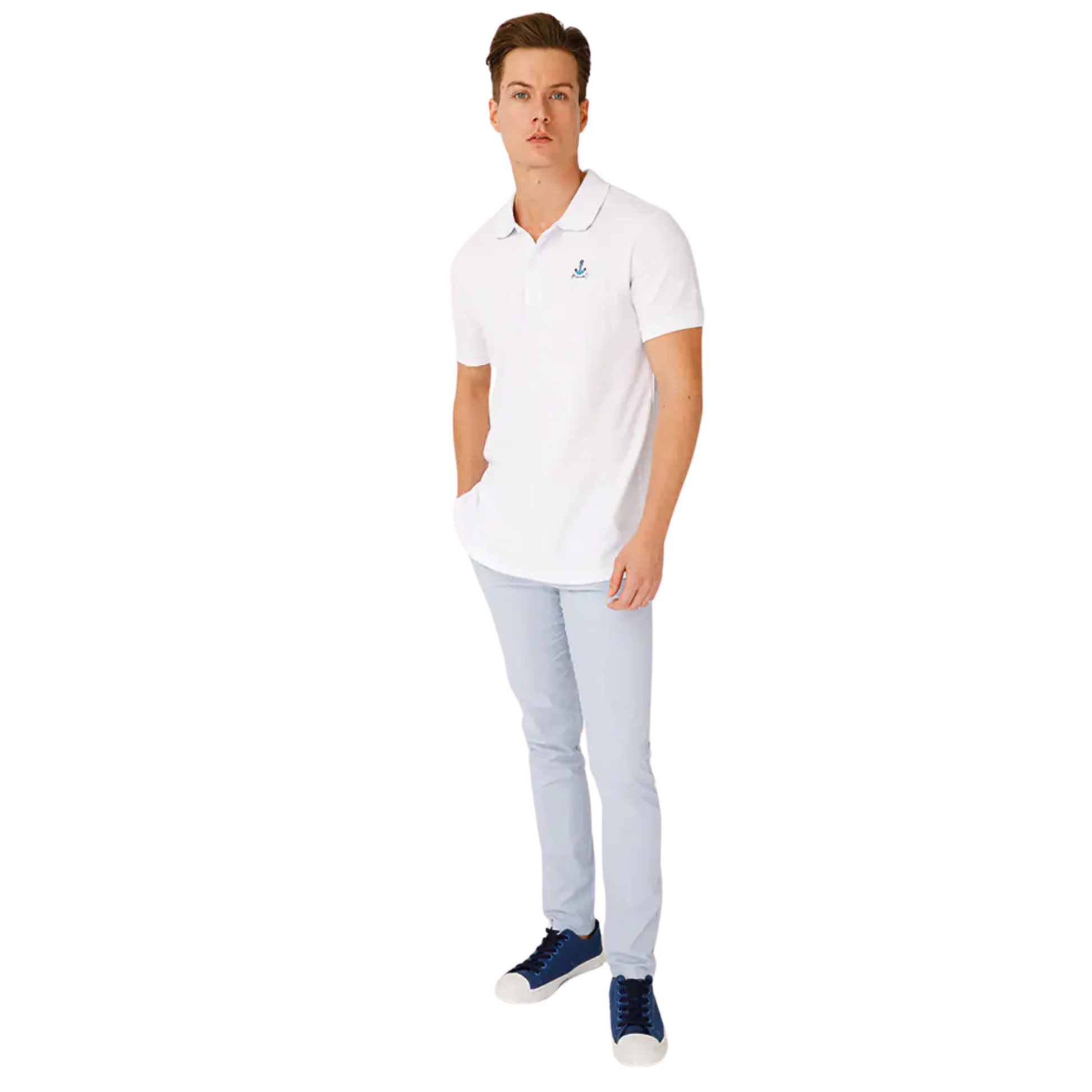 Men's Nautical Cotton Polo Shirt in All White with a blue anchor graphic on the chest, sailboat inner collar, and embroidered Anemoss logo.