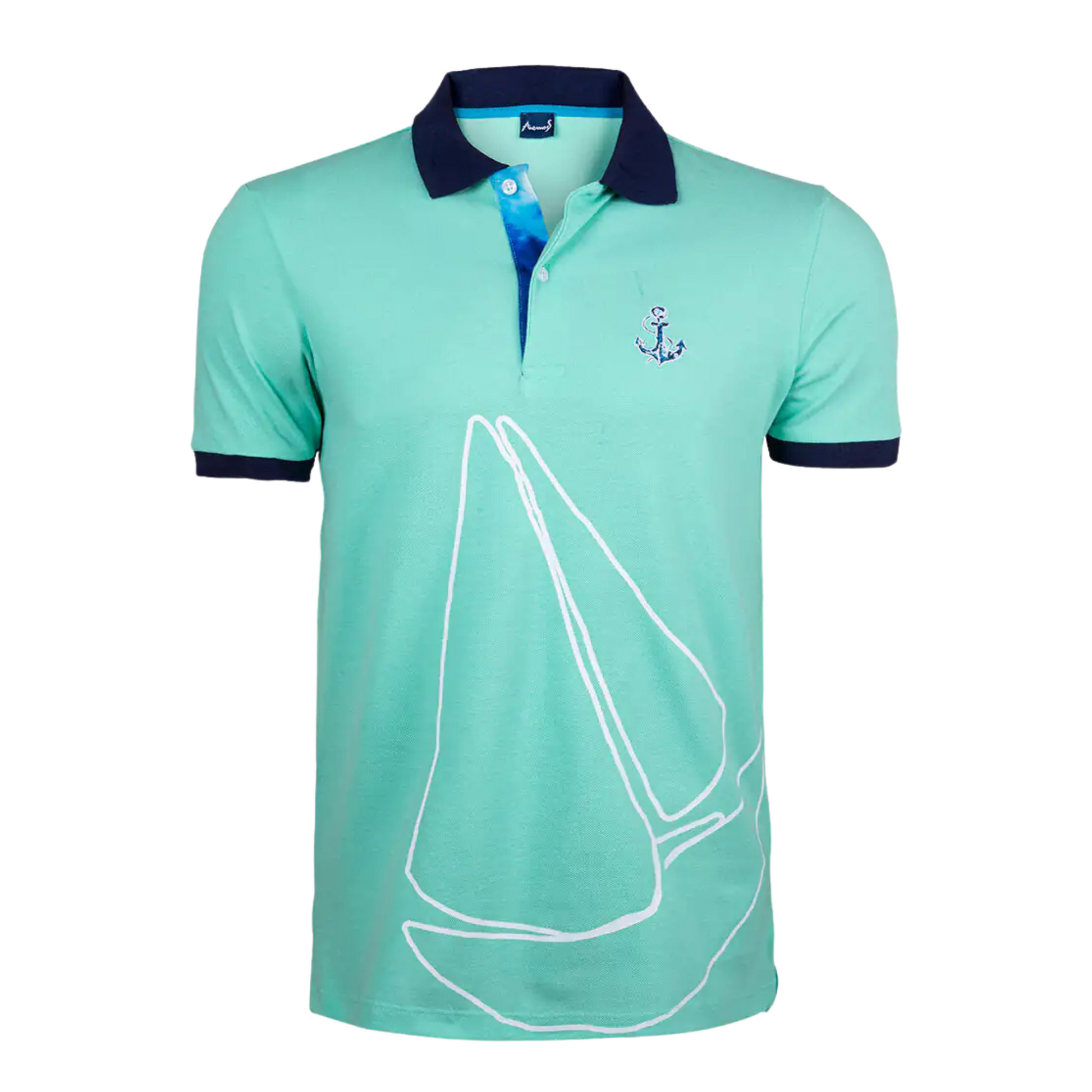 Men's Nautical Cotton Polo Shirt by Anemoss in mint green with black collar and sleeve trim, featuring an embroidered anchor logo on the chest and a large sailboat graphic across the fron