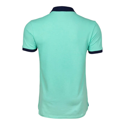 Men's Nautical Cotton Polo Shirt by Anemoss in mint green with black collar and sleeve trim, featuring an embroidered anchor logo on the chest and a large sailboat graphic across the fron