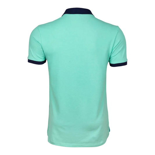 Men's Nautical Cotton Polo Shirt by Anemoss in mint green with black collar and sleeve trim, featuring an embroidered anchor logo on the chest and a large sailboat graphic across the fron