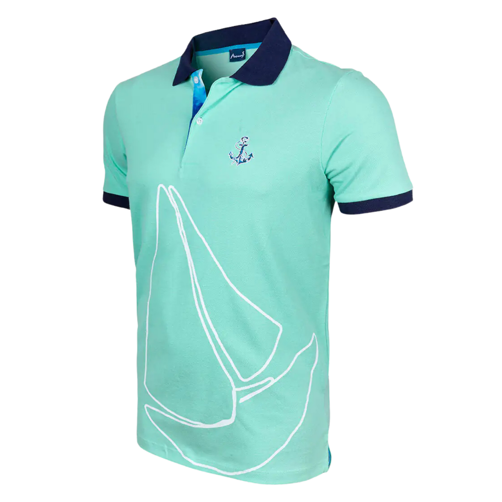Men's Nautical Cotton Polo Shirt by Anemoss in mint green with black collar and sleeve trim, featuring an embroidered anchor logo on the chest and a large sailboat graphic across the fron
