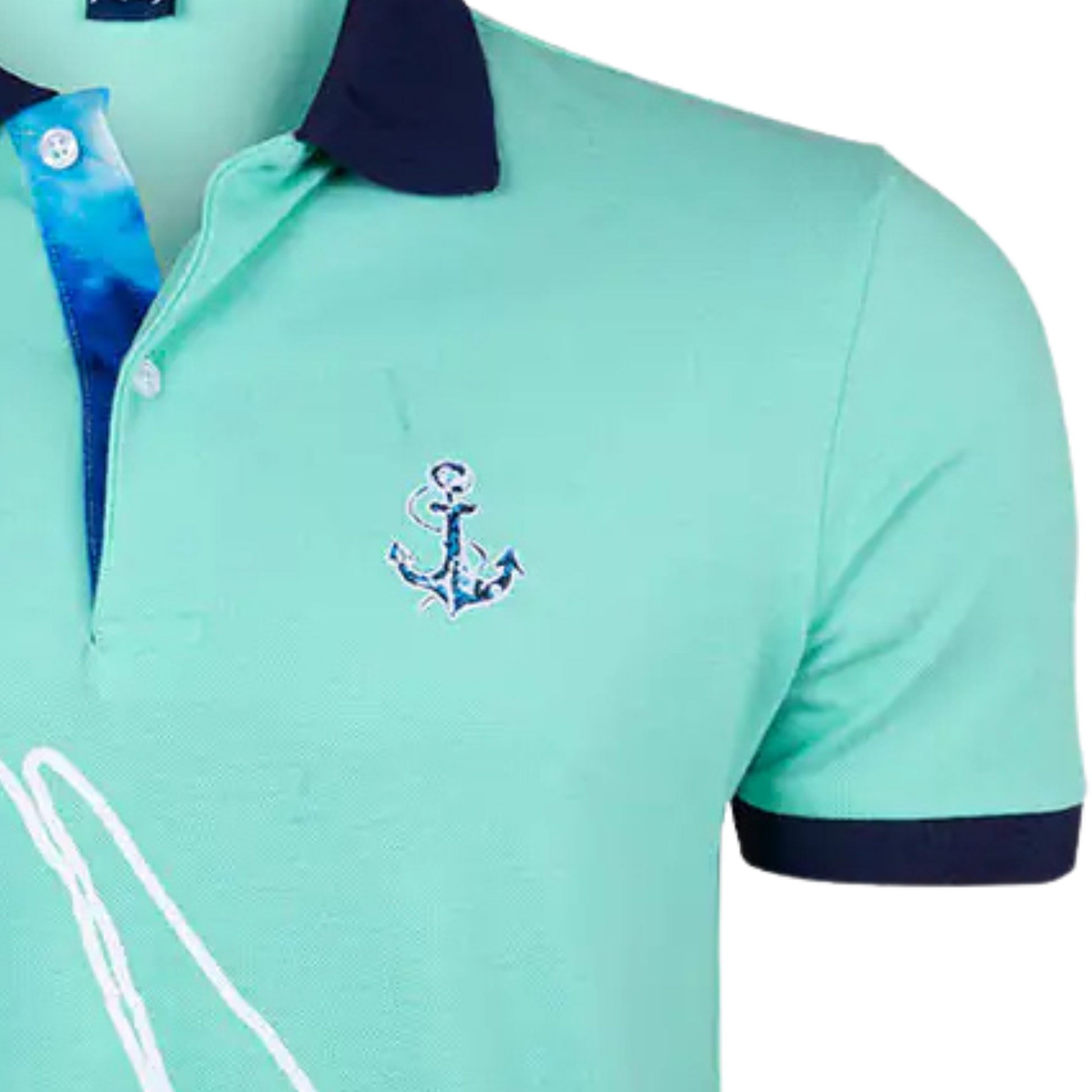 Men's Nautical Cotton Polo Shirt by Anemoss in mint green with black collar and sleeve trim, featuring an embroidered anchor logo on the chest and a large sailboat graphic across the fron