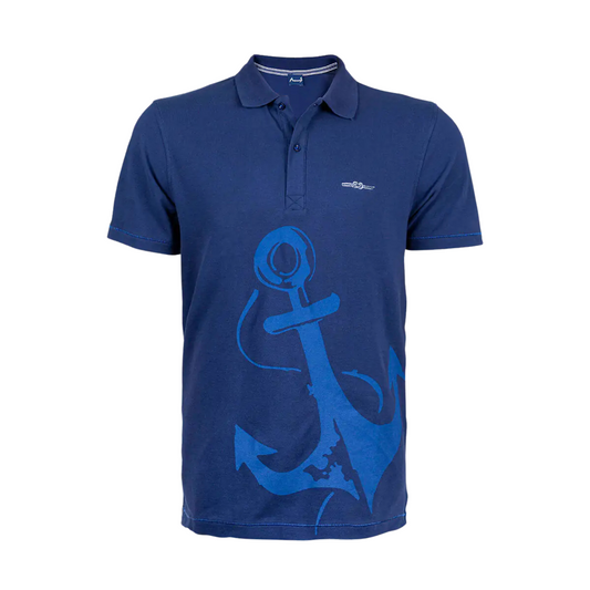 Men's Nautical Cotton Polo Shirt in Marine Navy with a blue anchor graphic on the chest, two-button polo collar, and embroidered Anemoss logo.