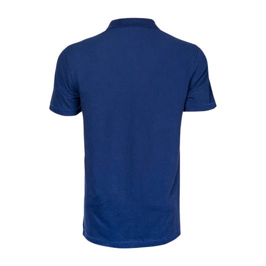 Men's Nautical Cotton Polo Shirt in Marine Navy with a blue anchor graphic on the chest, two-button polo collar, and embroidered Anemoss logo.