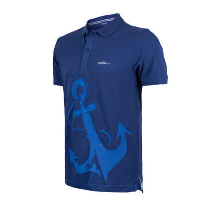 Men's Nautical Cotton Polo Shirt in Marine Navy with a blue anchor graphic on the chest, two-button polo collar, and embroidered Anemoss logo.