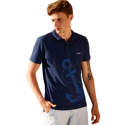 Men's Nautical Cotton Polo Shirt in Marine Navy with a blue anchor graphic on the chest, two-button polo collar, and embroidered Anemoss logo.