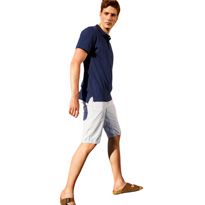 Men's Nautical Cotton Polo Shirt in Marine Navy with a blue anchor graphic on the chest, two-button polo collar, and embroidered Anemoss logo.