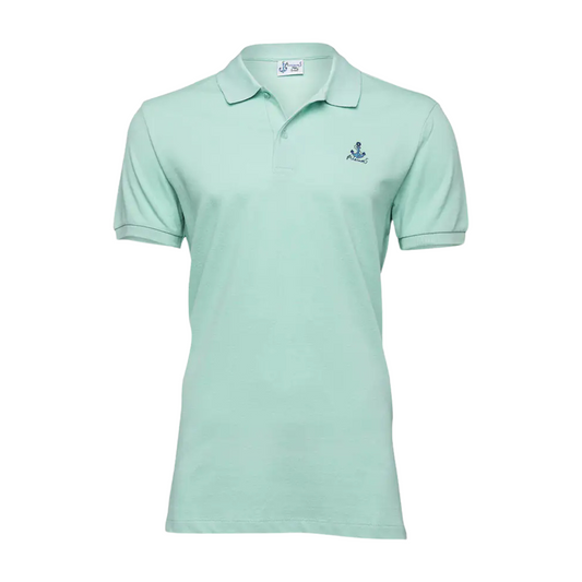 Anemoss Men's Nautical Cotton Polo Shirt in Mint Green with a blue anchor graphic on the right chest and an embroidered Anemoss logo, short sleeves, and a classic two-button collar.