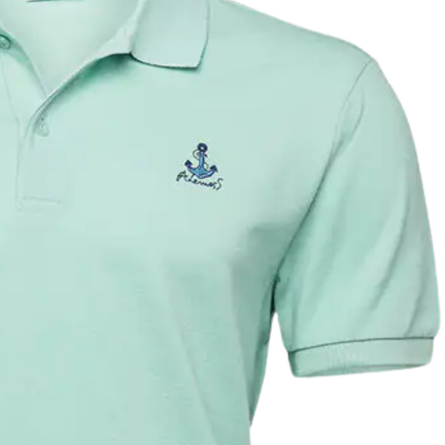 Anemoss Men's Nautical Cotton Polo Shirt in Mint Green with a blue anchor graphic on the right chest and an embroidered Anemoss logo, short sleeves, and a classic two-button collar.