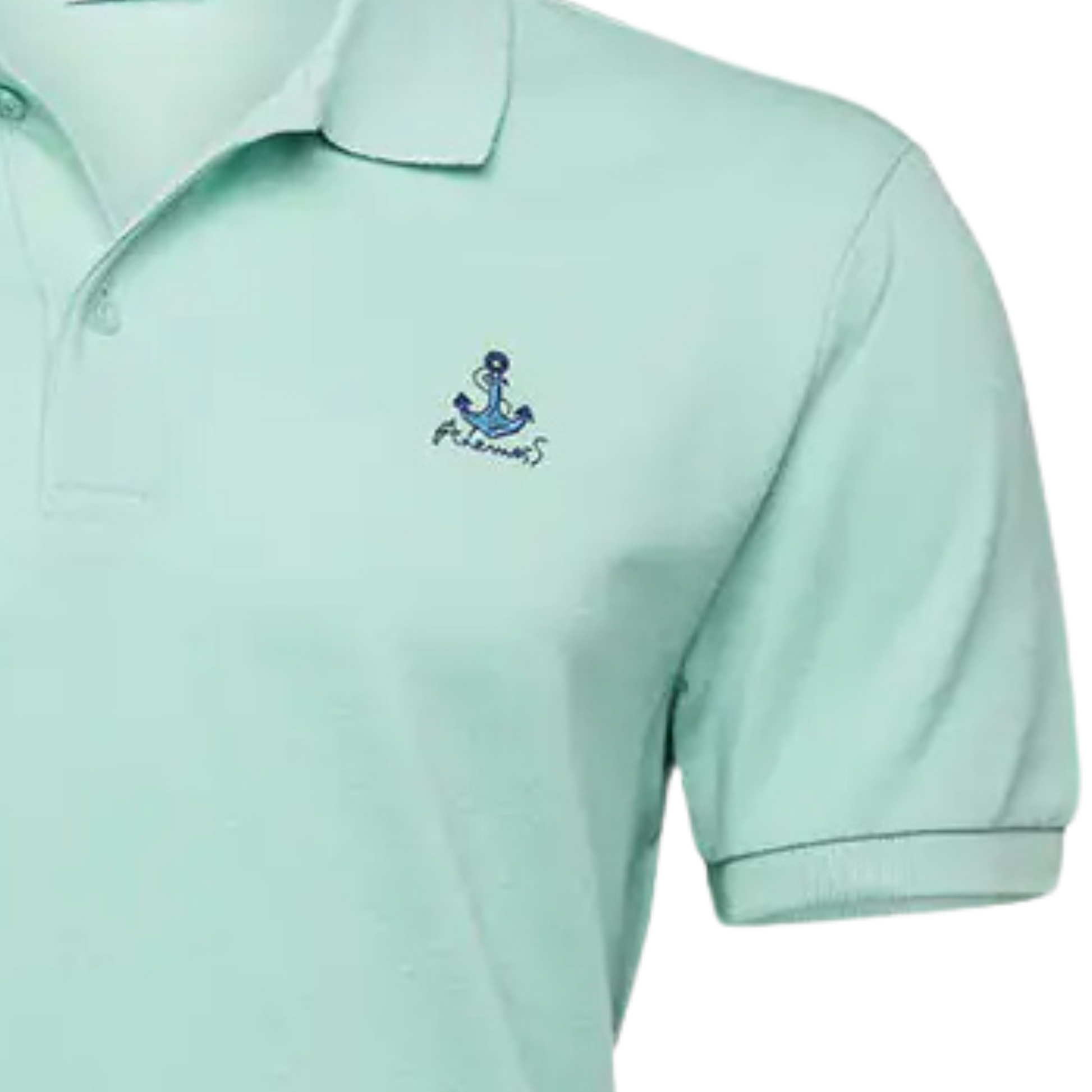 Anemoss Men's Nautical Cotton Polo Shirt in Mint Green with a blue anchor graphic on the right chest and an embroidered Anemoss logo, short sleeves, and a classic two-button collar.