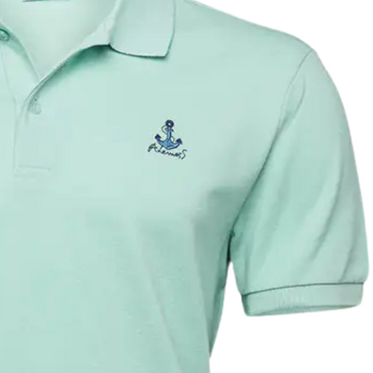 Anemoss Men's Nautical Cotton Polo Shirt in Mint Green with a blue anchor graphic on the right chest and an embroidered Anemoss logo, short sleeves, and a classic two-button collar.