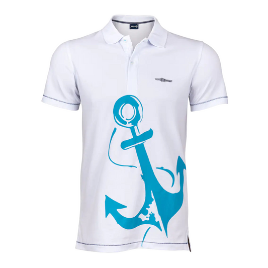 Men's Nautical Cotton Polo Shirt in white with a large aquamarine blue anchor graphic on the front, featuring a classic two-button collar and the embroidered Anemoss logo.