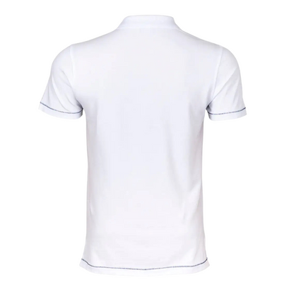 Men's Nautical Cotton Polo Shirt in white with a large aquamarine blue anchor graphic on the front, featuring a classic two-button collar and the embroidered Anemoss logo.