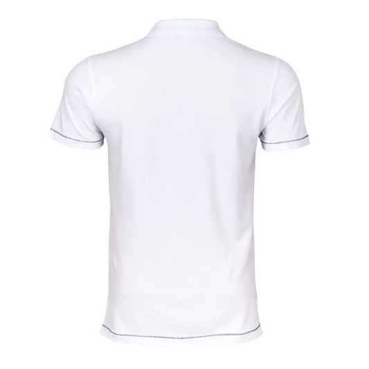 Men's Nautical Cotton Polo Shirt in white with a large aquamarine blue anchor graphic on the front, featuring a classic two-button collar and the embroidered Anemoss logo.