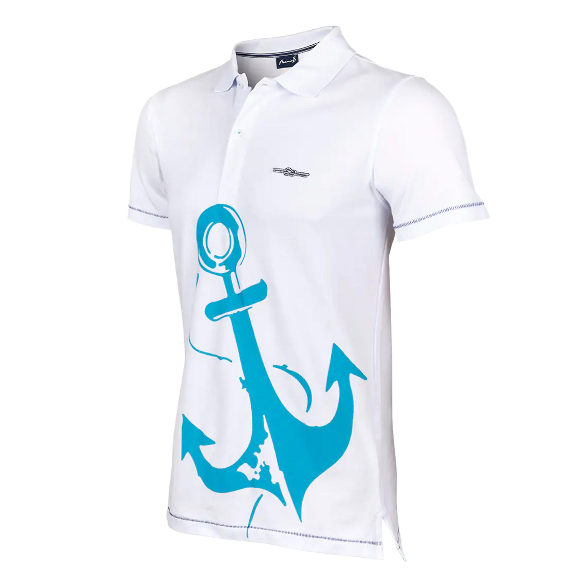 Men's Nautical Cotton Polo Shirt in white with a large aquamarine blue anchor graphic on the front, featuring a classic two-button collar and the embroidered Anemoss logo.