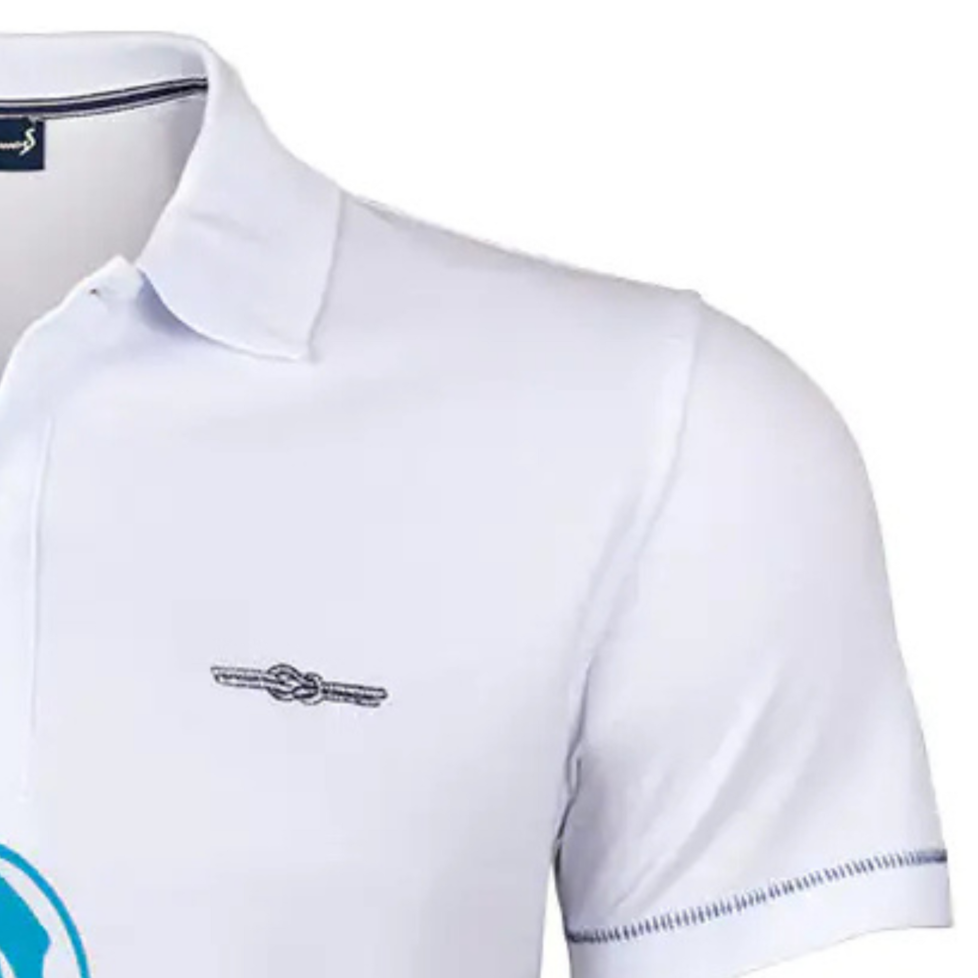 Men's Nautical Cotton Polo Shirt in white with a large aquamarine blue anchor graphic on the front, featuring a classic two-button collar and the embroidered Anemoss logo.