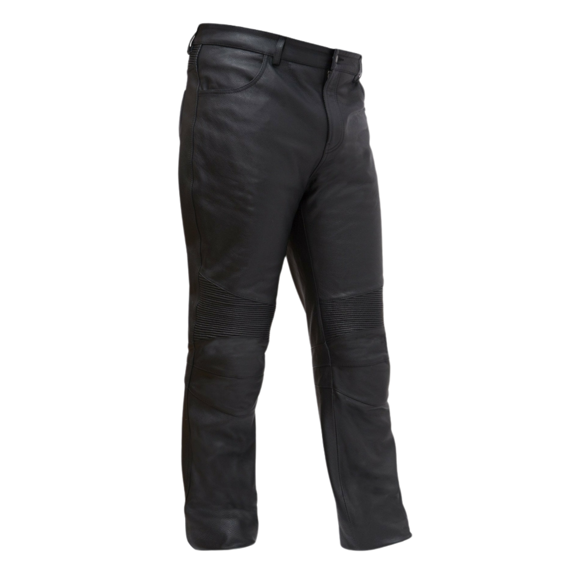 Men's Rugged Road Designer Leather Pants by Smarty – 100% premium black leather pants with zipper details, stretch panels, and stylish back pocket stitching, perfect for comfort and durability.