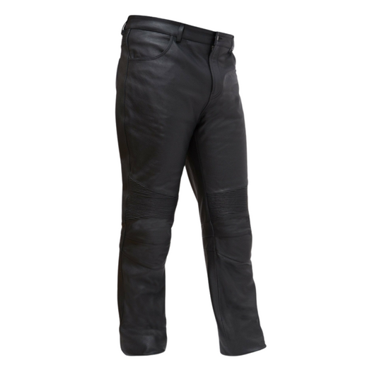 Men's Rugged Road Designer Leather Pants by Smarty – 100% premium black leather pants with zipper details, stretch panels, and stylish back pocket stitching, perfect for comfort and durability.