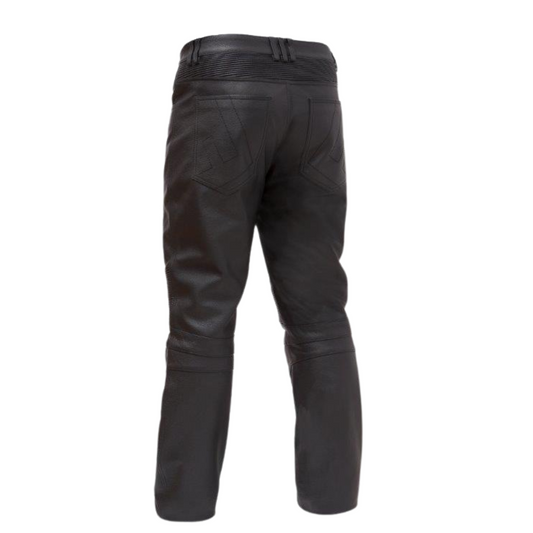 Men's Rugged Road Designer Leather Pants by Smarty – 100% premium black leather pants with zipper details, stretch panels, and stylish back pocket stitching, perfect for comfort and durability.