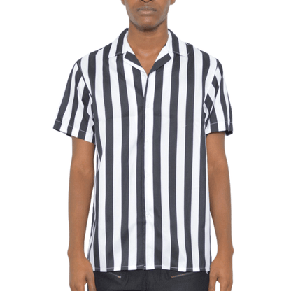Men’s short sleeve black and white vertical striped button-down shirt with turn-down collar, shown front-facing on white background.