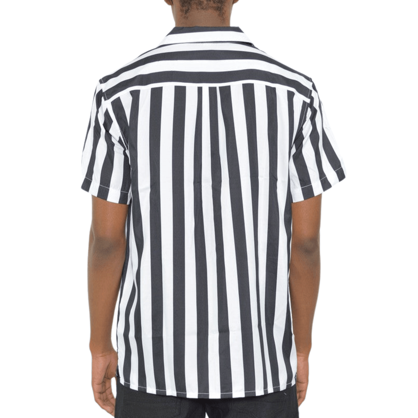 Men’s short sleeve black and white vertical striped button-down shirt with turn-down collar, shown front-facing on white background.