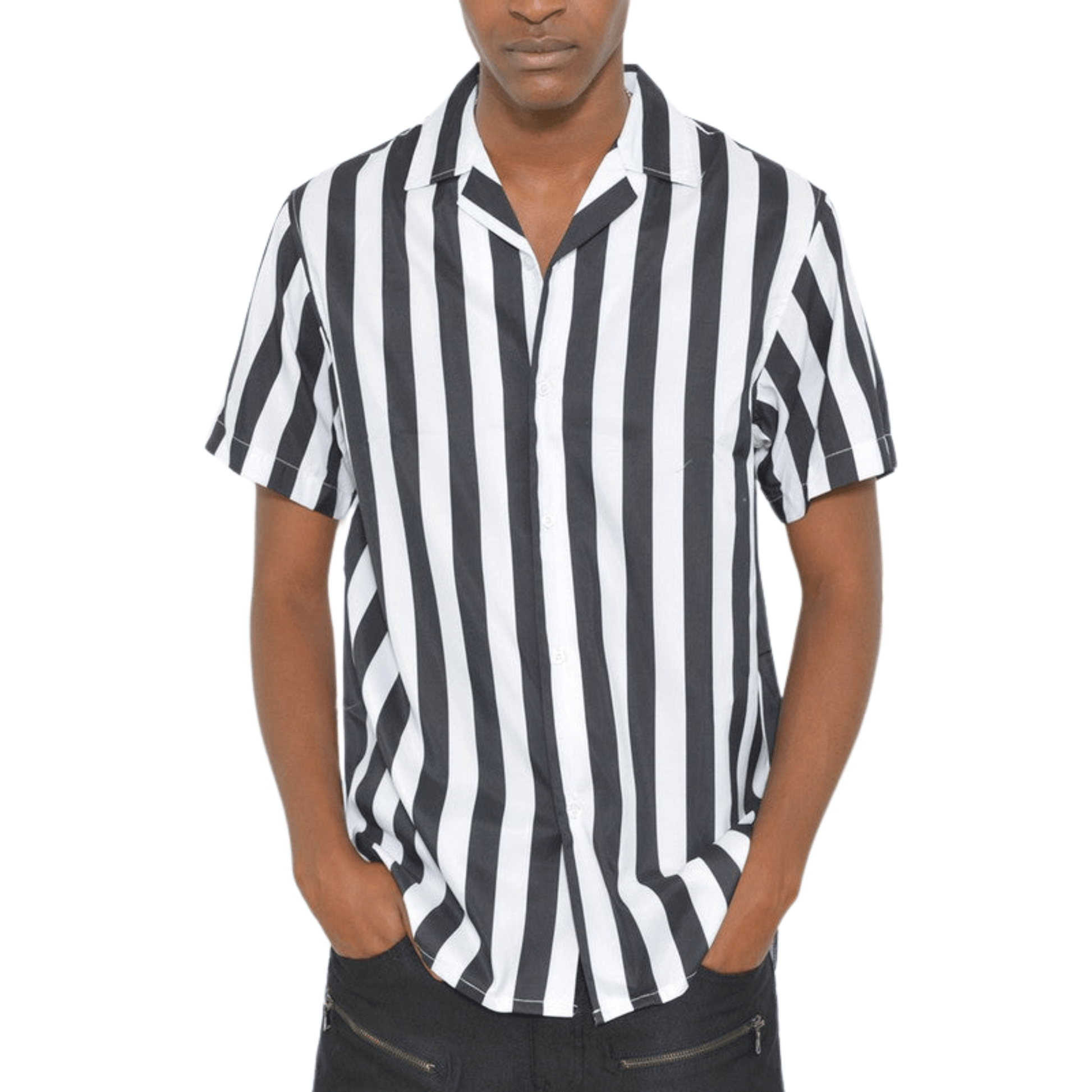 Men’s short sleeve black and white vertical striped button-down shirt with turn-down collar, shown front-facing on white background.