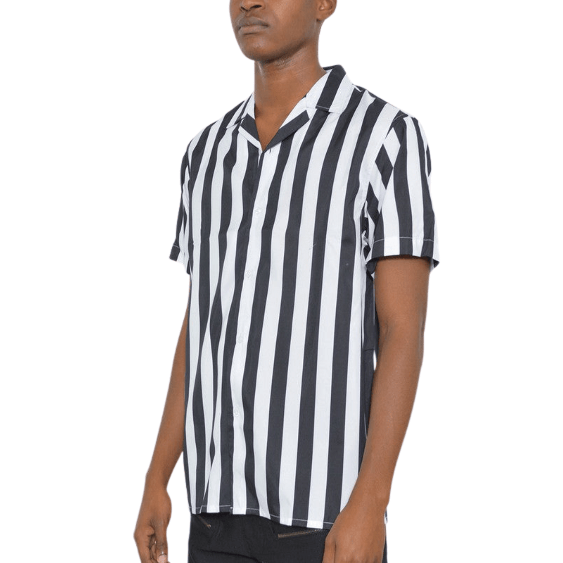 Men’s short sleeve black and white vertical striped button-down shirt with turn-down collar, shown front-facing on white background.
