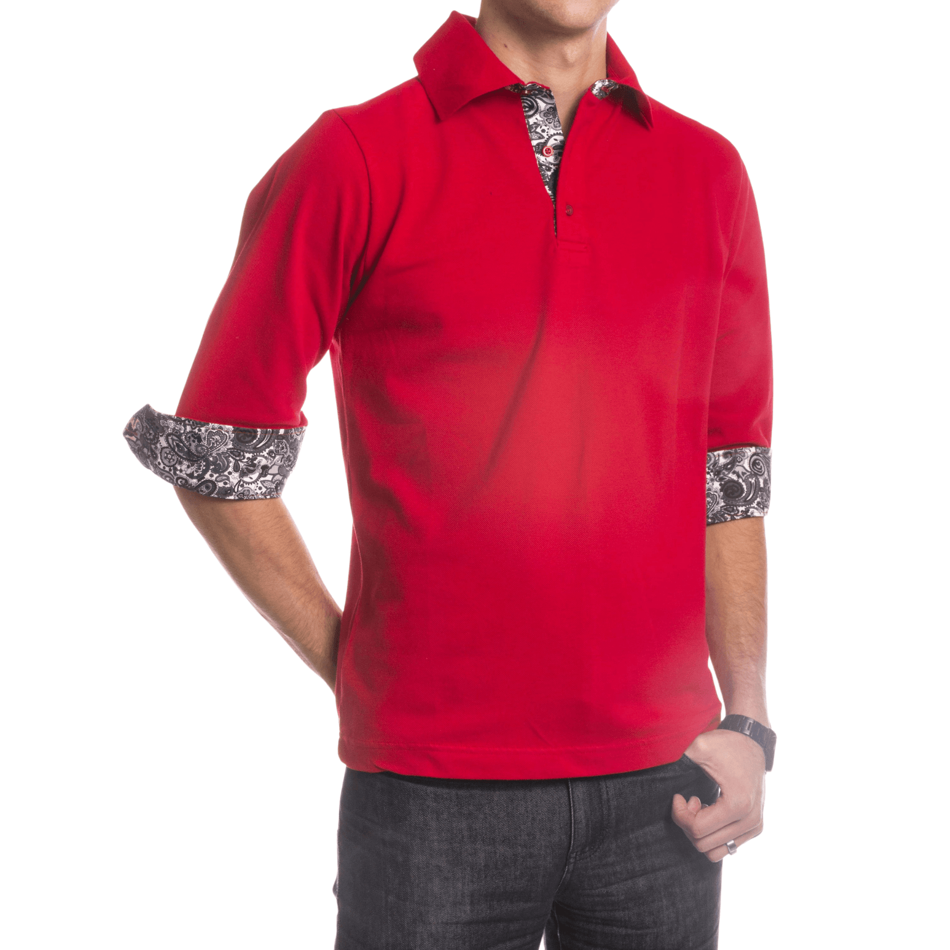 Men's Slim-Fit Red Paisley 3 Button Designer Polo Shirt – red paisley design with a spread collar, made from 100% luxury European cotton, tailored for a slim fit.