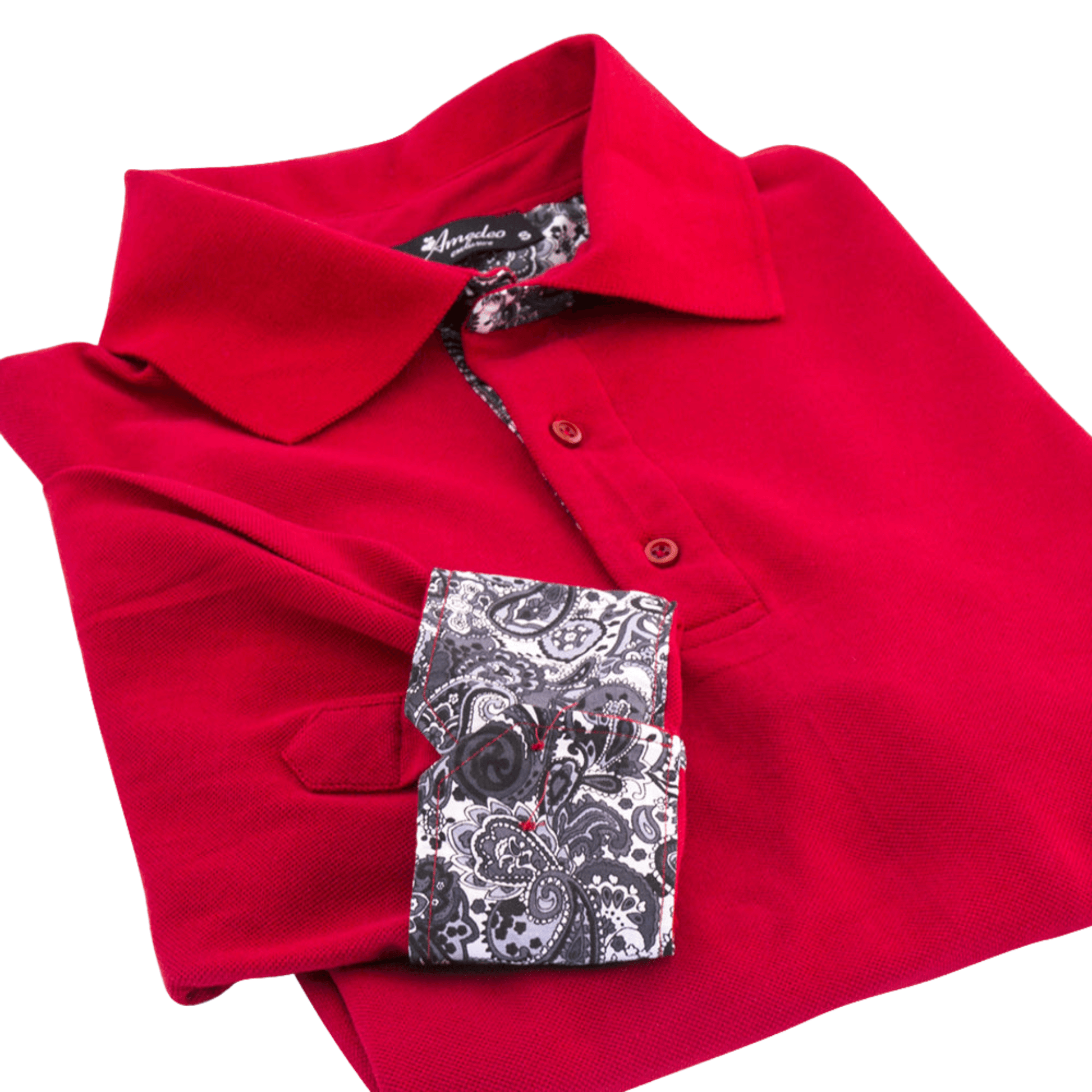 Men's Slim-Fit Red Paisley 3 Button Designer Polo Shirt – red paisley design with a spread collar, made from 100% luxury European cotton, tailored for a slim fit.